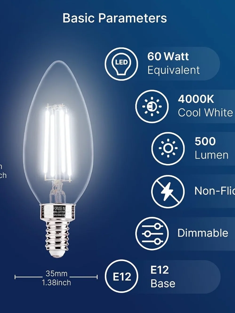 NEW Candelabra Dimmable Bulbs, 60W Equiv., E12 Base, 4000k Cool White, 24 Pack